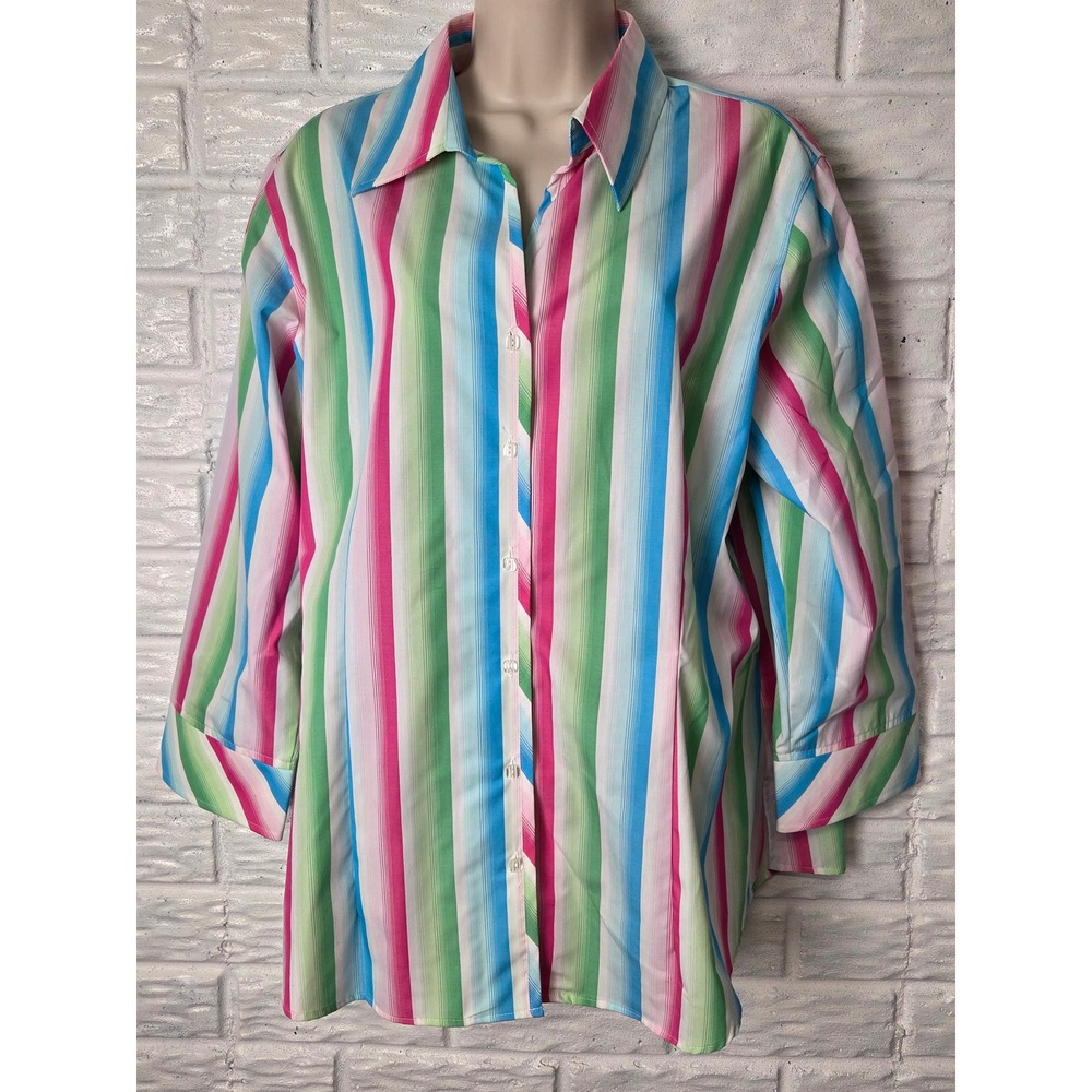 Foxcroft Top Womens 16W Button Up Fitted 3/4 sleeve Wrinkle Free Pastel stripes